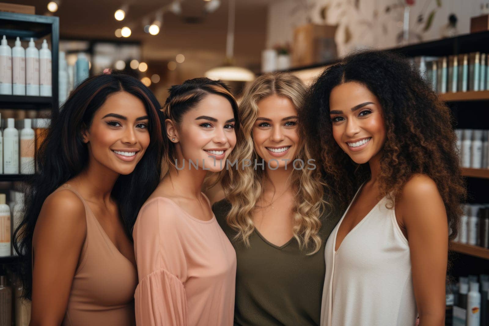 four women of a different race, age, and figure type. Group of multiracial females having fun against a brown background. AI Generated