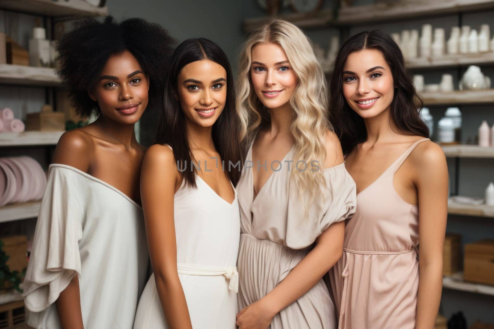 Group of multiracial females having fun against a brown background. AI Generated by Desperada