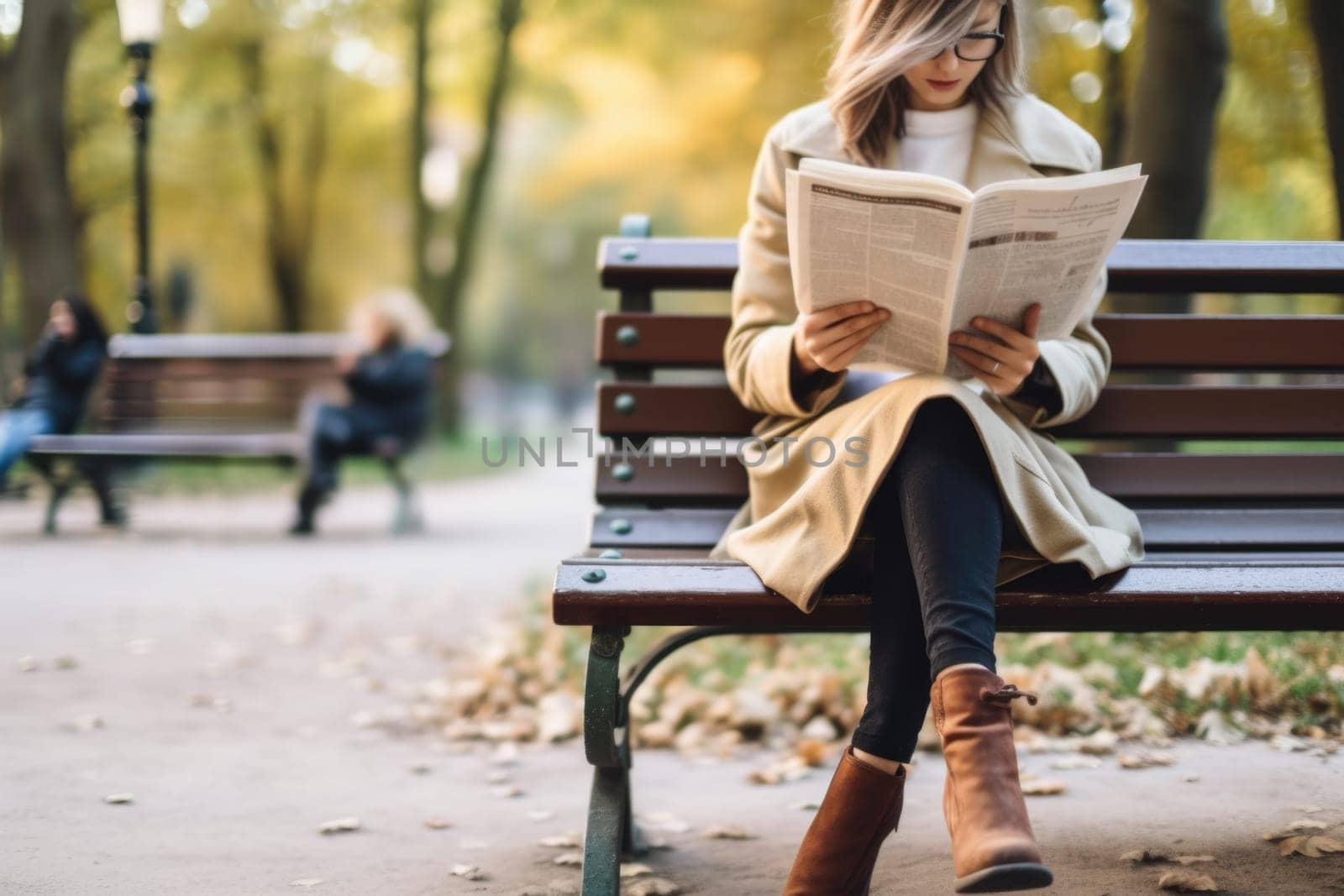 young woman reading a magazine with a coffee. AI Generated by Desperada