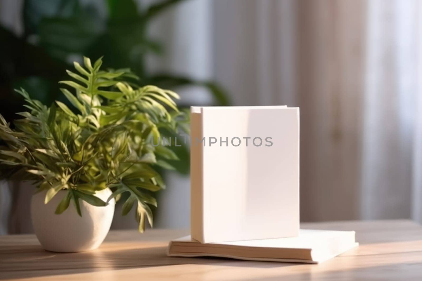 White blank book on wooden table, bright lighting, mockup, with house plant. AI Generated by Desperada