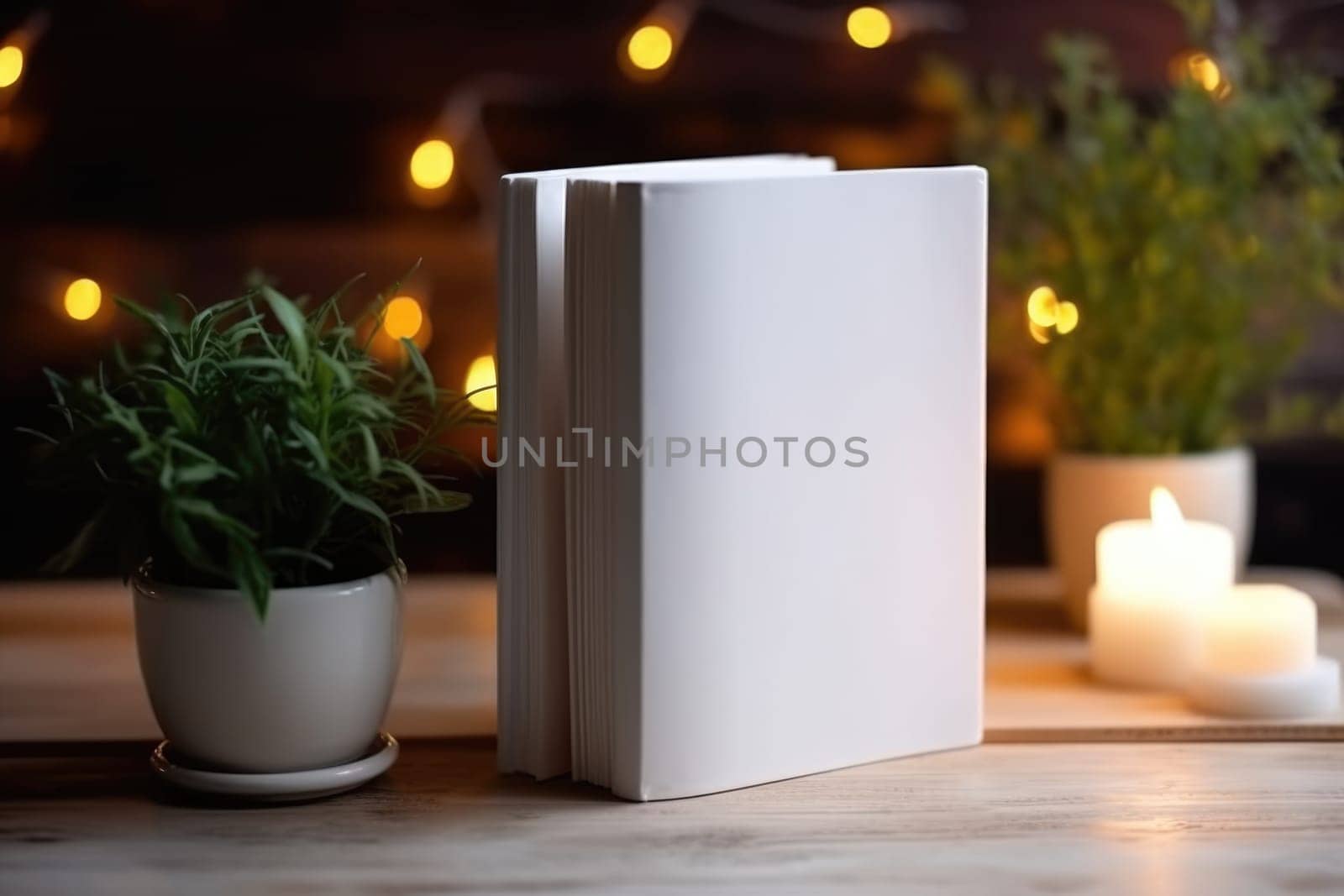 White blank book on wooden table, bright lighting, mockup, with house plant. AI Generated by Desperada