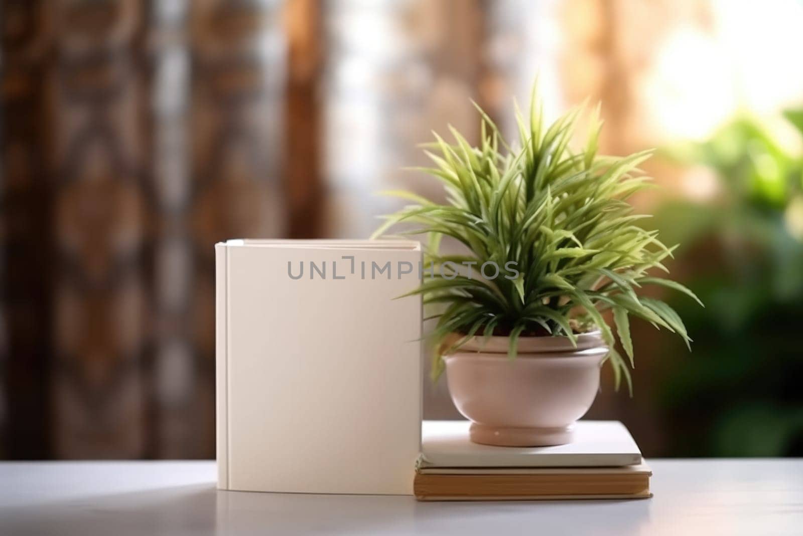 White blank book on wooden table, bright lighting, mockup, with house plant. AI Generated by Desperada