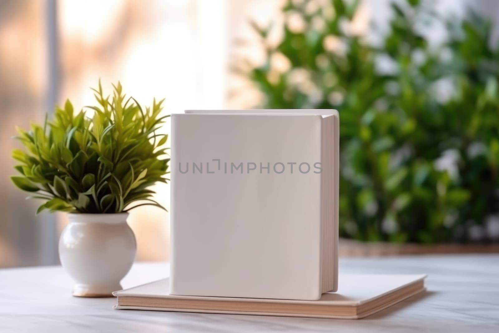 White book mockup with a succulent plant on a white table. AI Generated