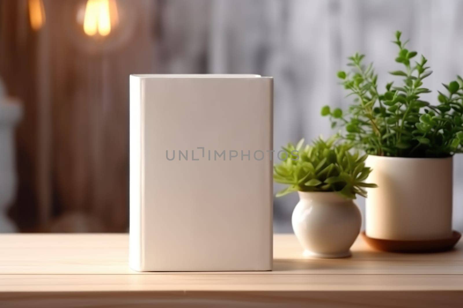 White book mockup with a succulent plant on a white table. AI Generated