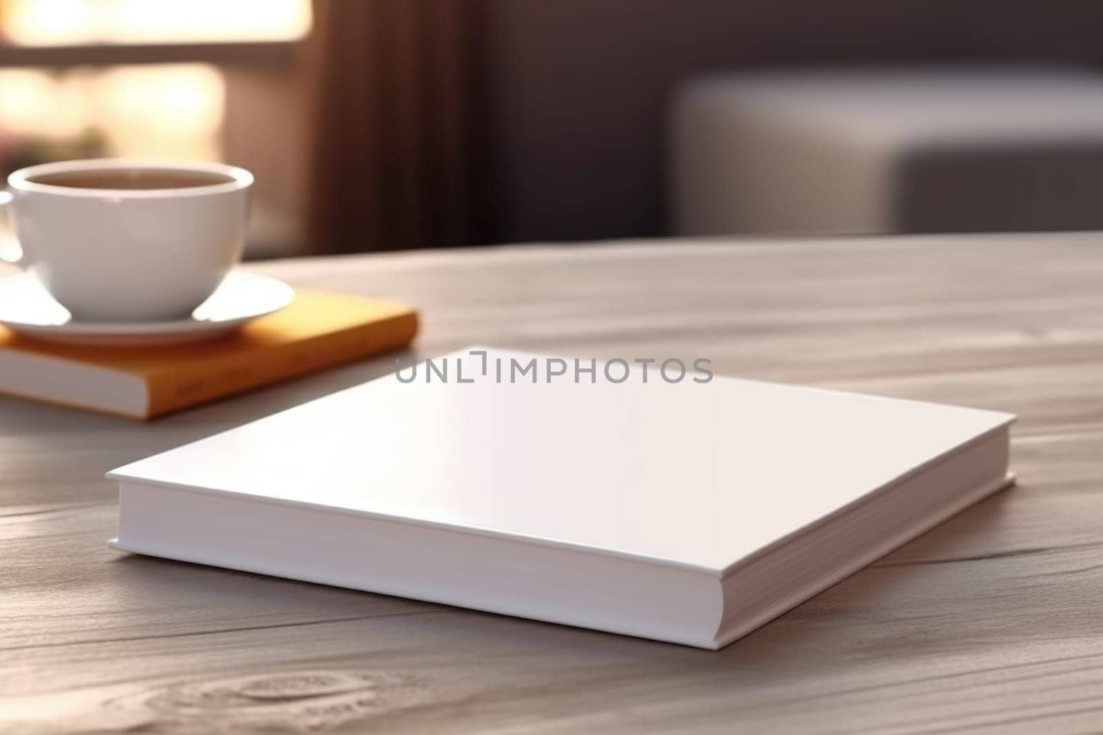 White book blank cover mockup on wooden coffee table. AI Generated