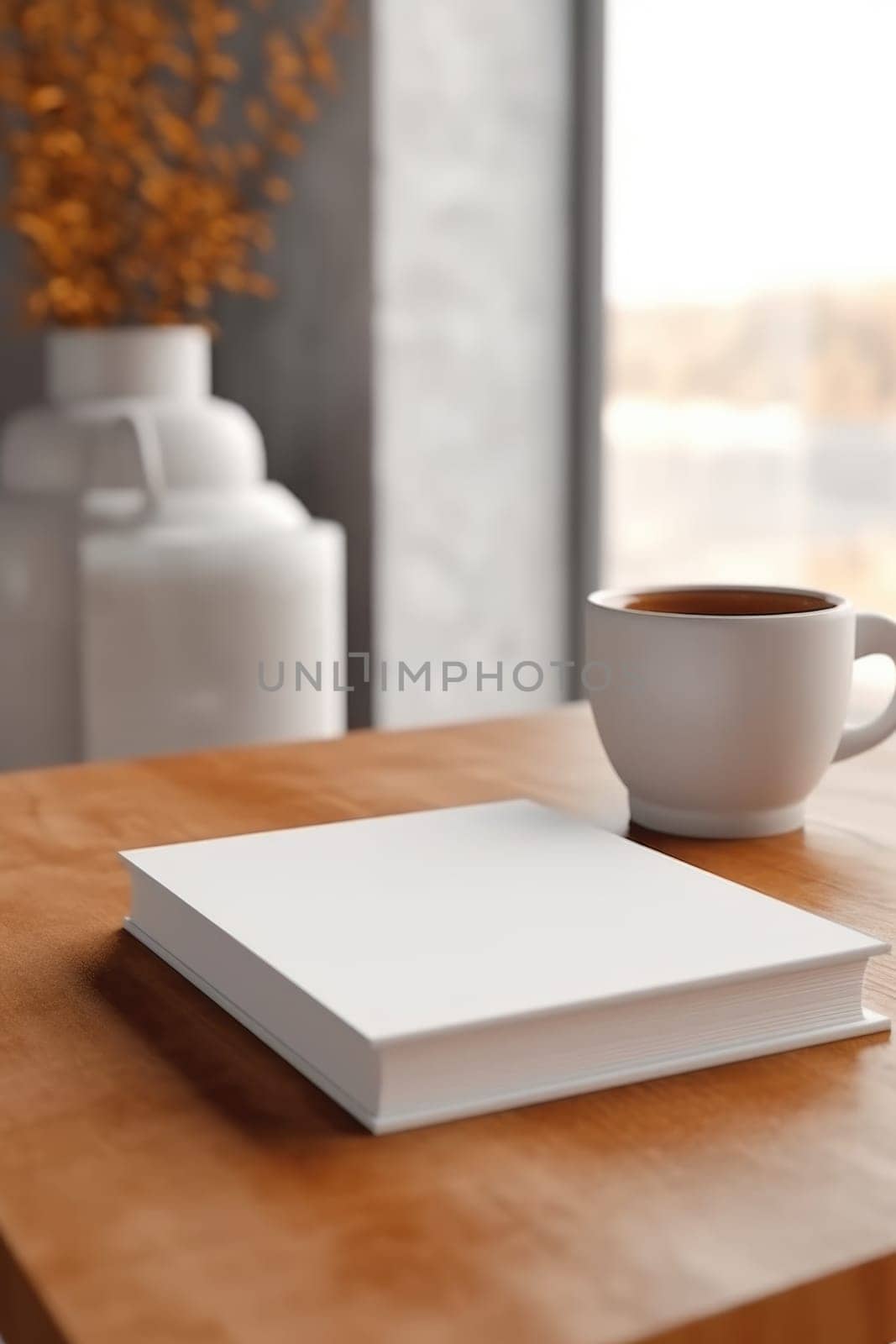 White book cover mockup on wooden coffee table. AI Generated by Desperada