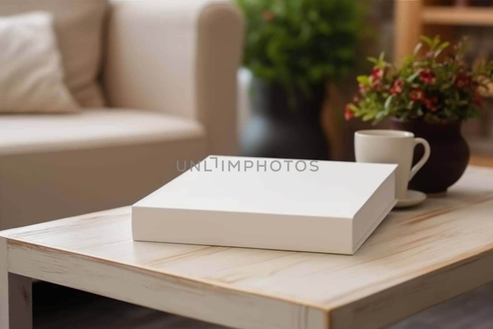 White book blank cover mockup on wooden coffee table. AI Generated