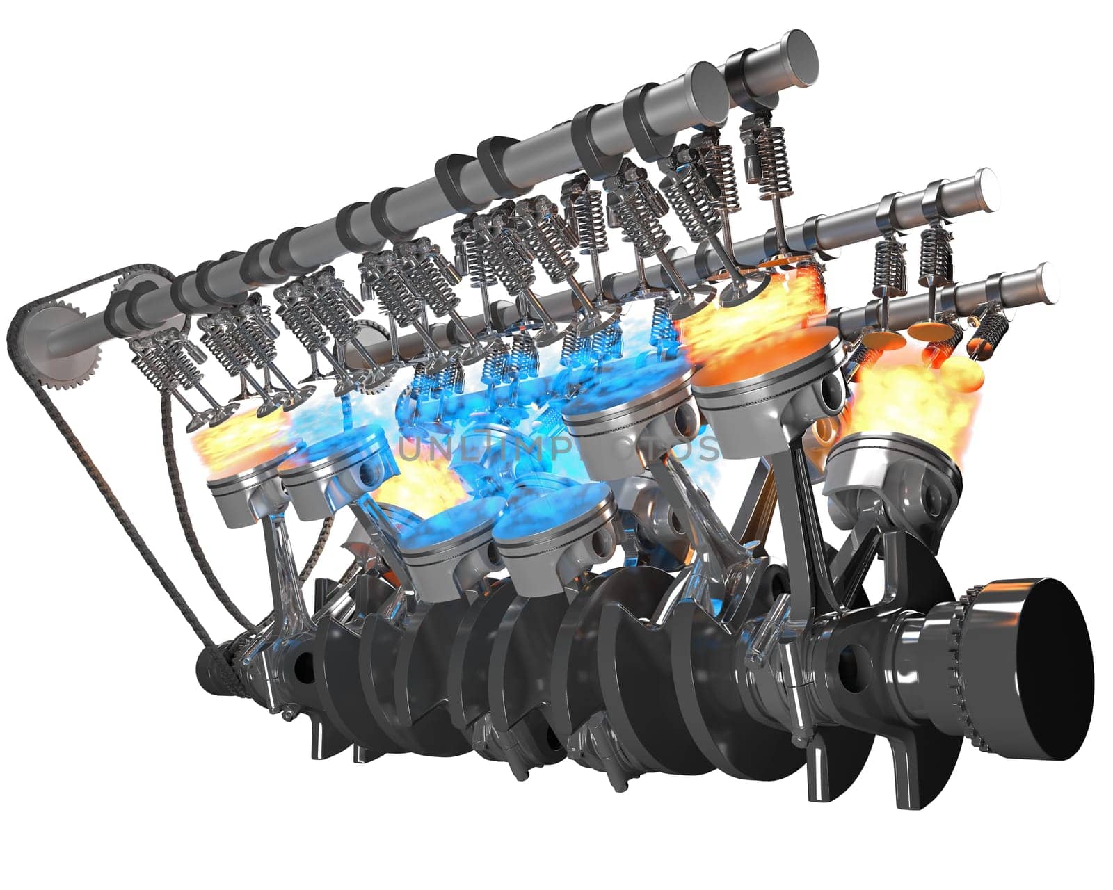 V12 Engine pistons Ignition on white background 3D rendering model