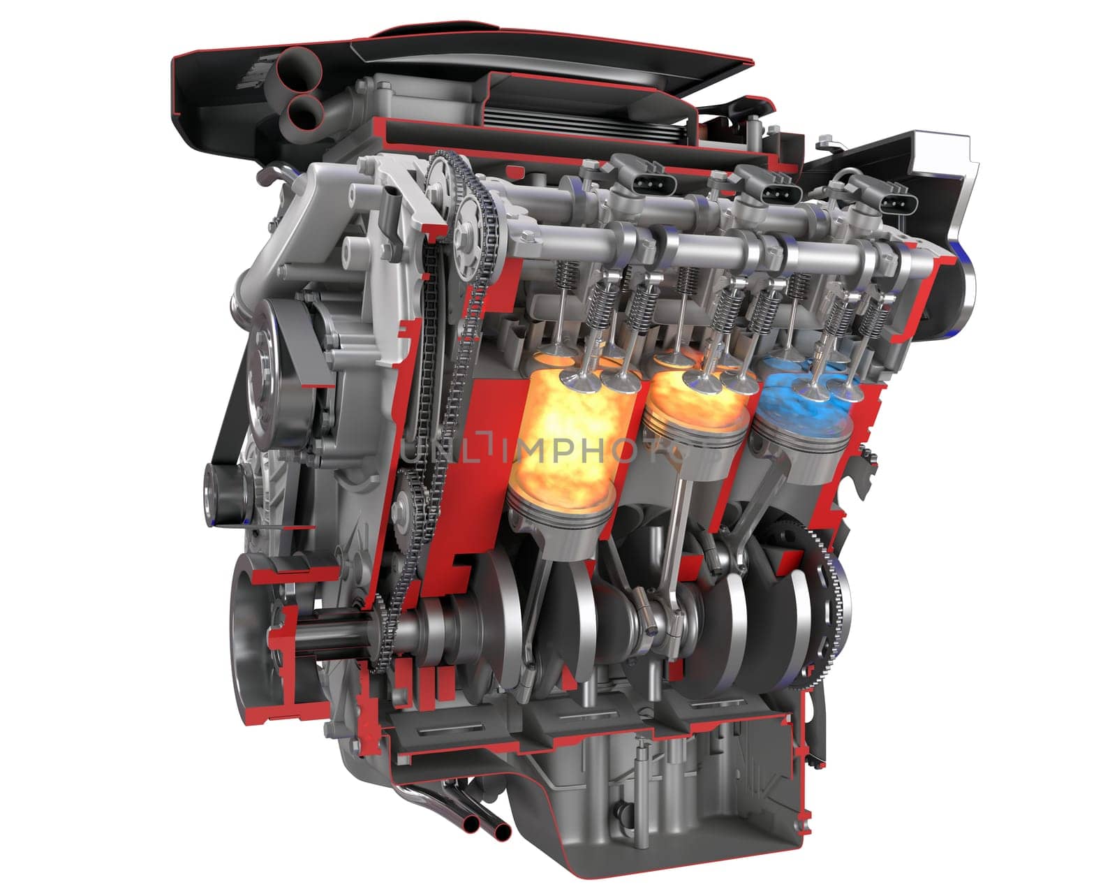 Cutaway V6 Engine pistons and crankshaft Ignition on white background 3D rendering by 3DHorse