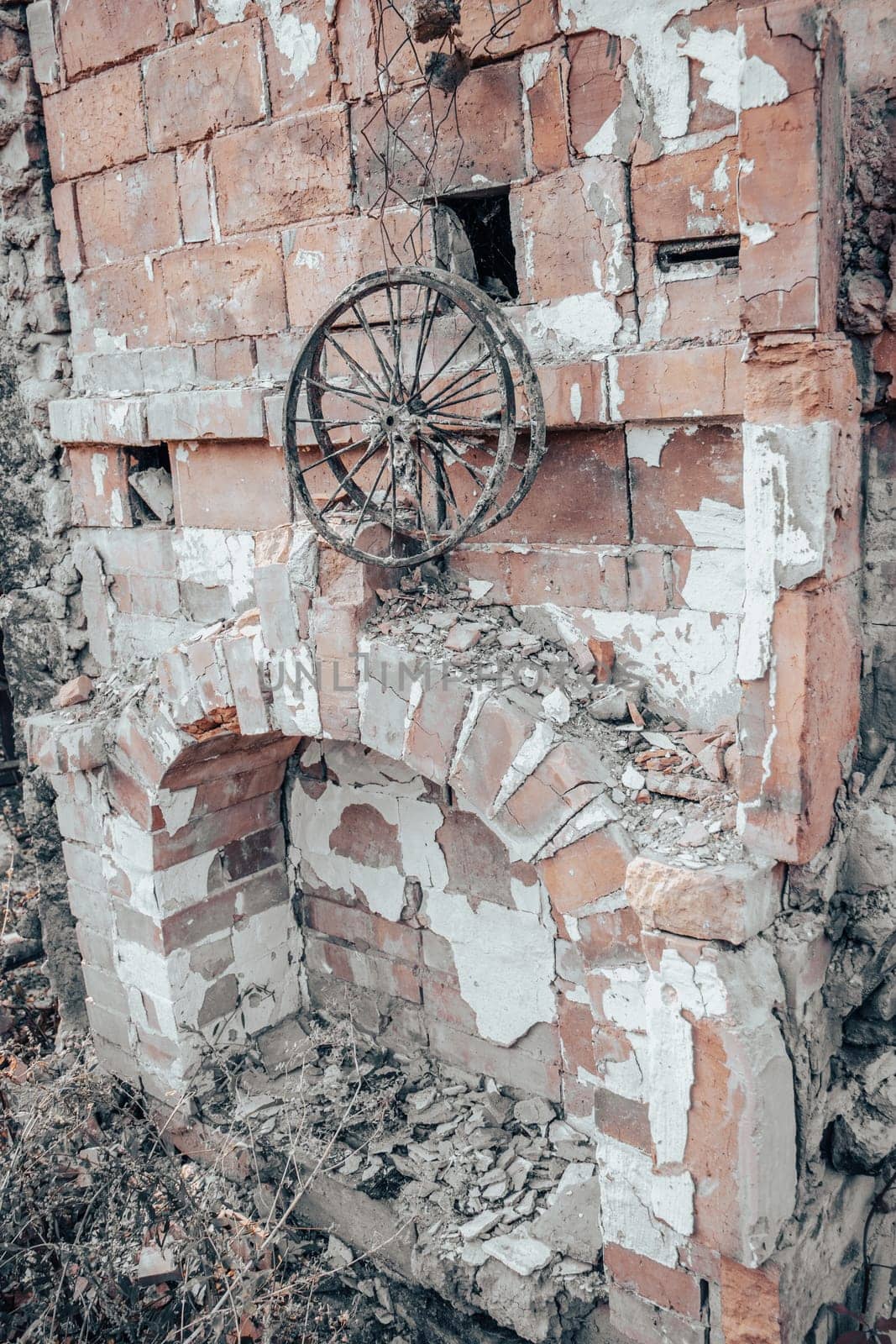 Destroyed old brick home stove concept photo. Damaged vintage oven on backyard. European cuisine. High quality picture for wallpaper, travel blog.