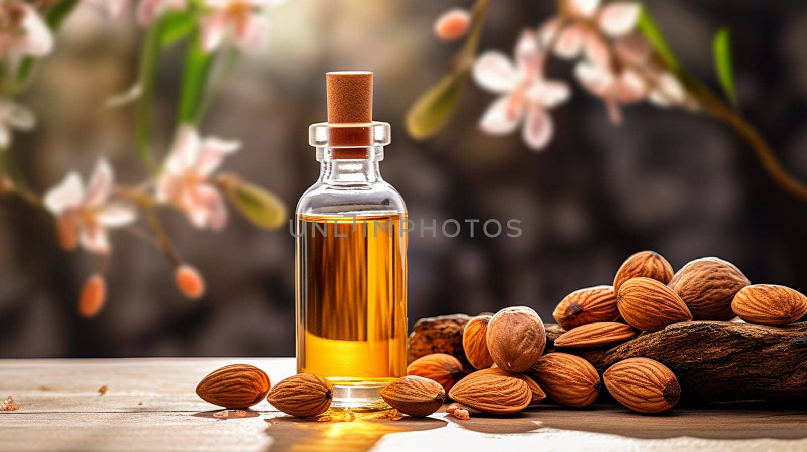 apricot oil in a small jar. selective focus. Generative AI, by mila1784