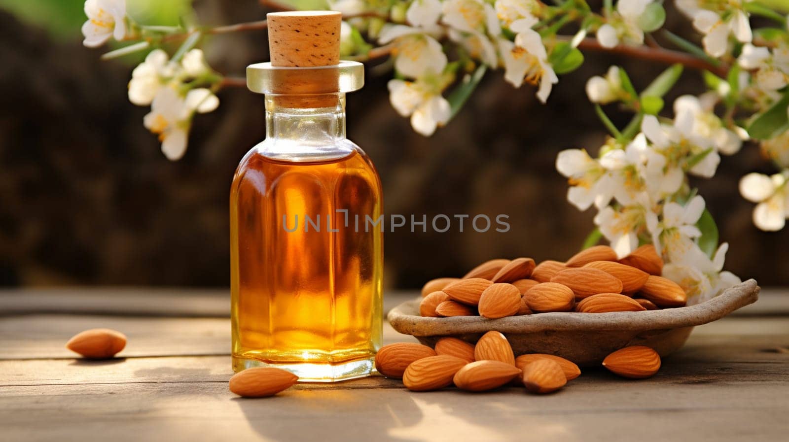 apricot oil in a small jar. selective focus. nature. Generative AI,