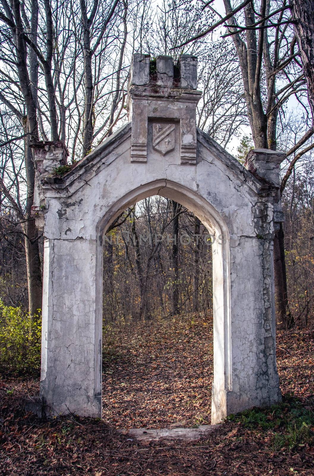 Ancient stronghold entrance ruin concept photo. Parkland overlooking from the yard. Damaged tower view. Architectural detail of ruined buildings. Ukrainian moldings. High quality picture for wallpaper, travel blog.