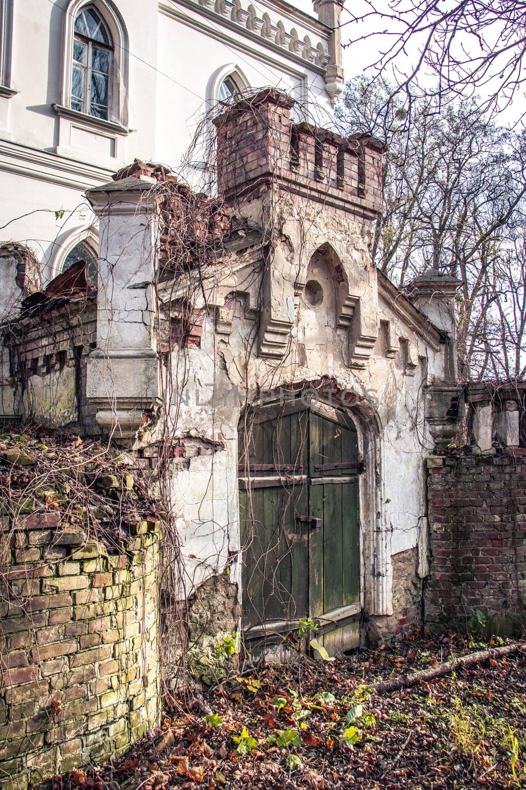 Old facade of the castle concept photo. Architectural detail of damaged buildings. Old doors, windows, balconies. Ukrainian moldings. High quality picture for wallpaper, travel blog.