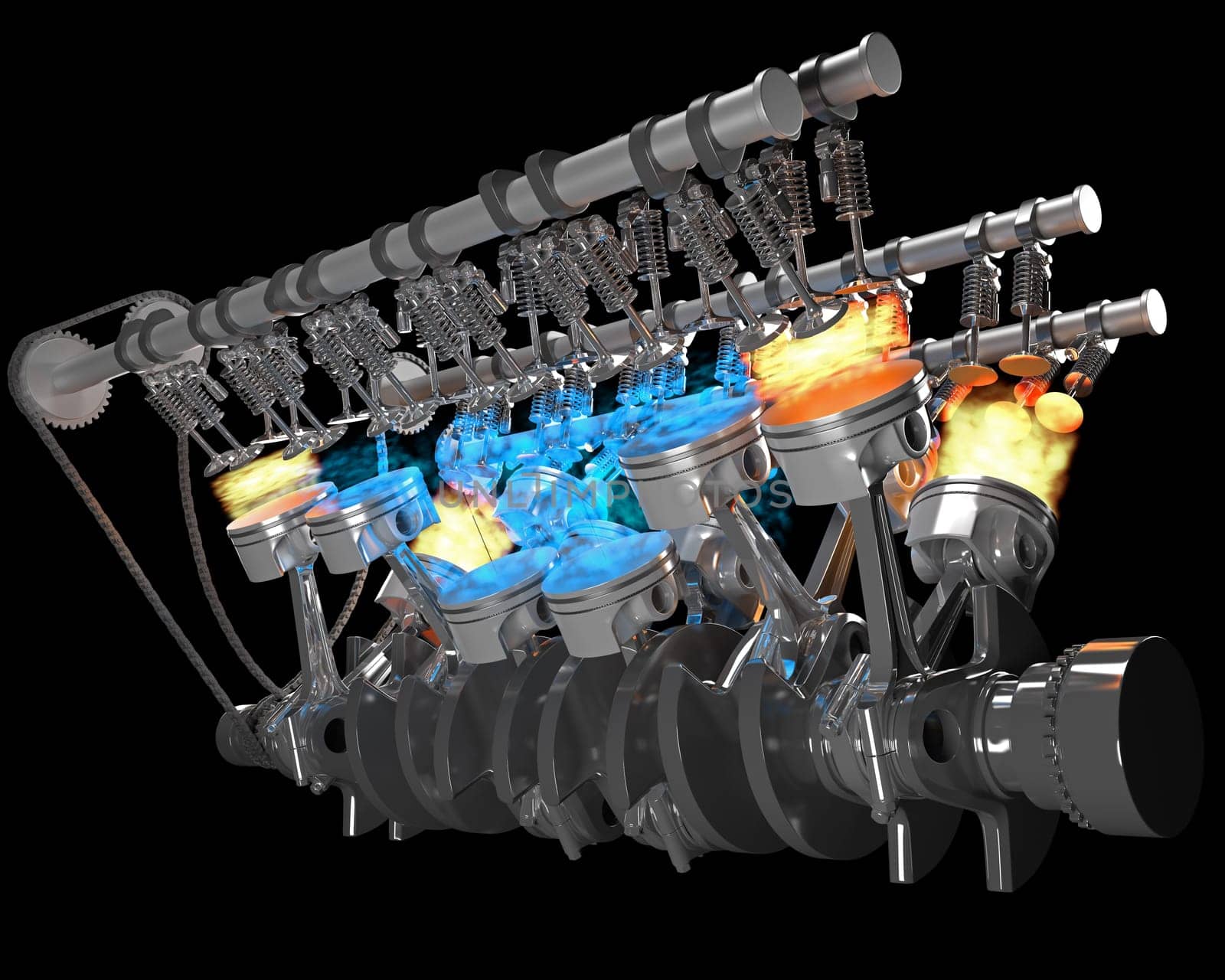 V12 Engine pistons Ignition on Black background 3D rendering model