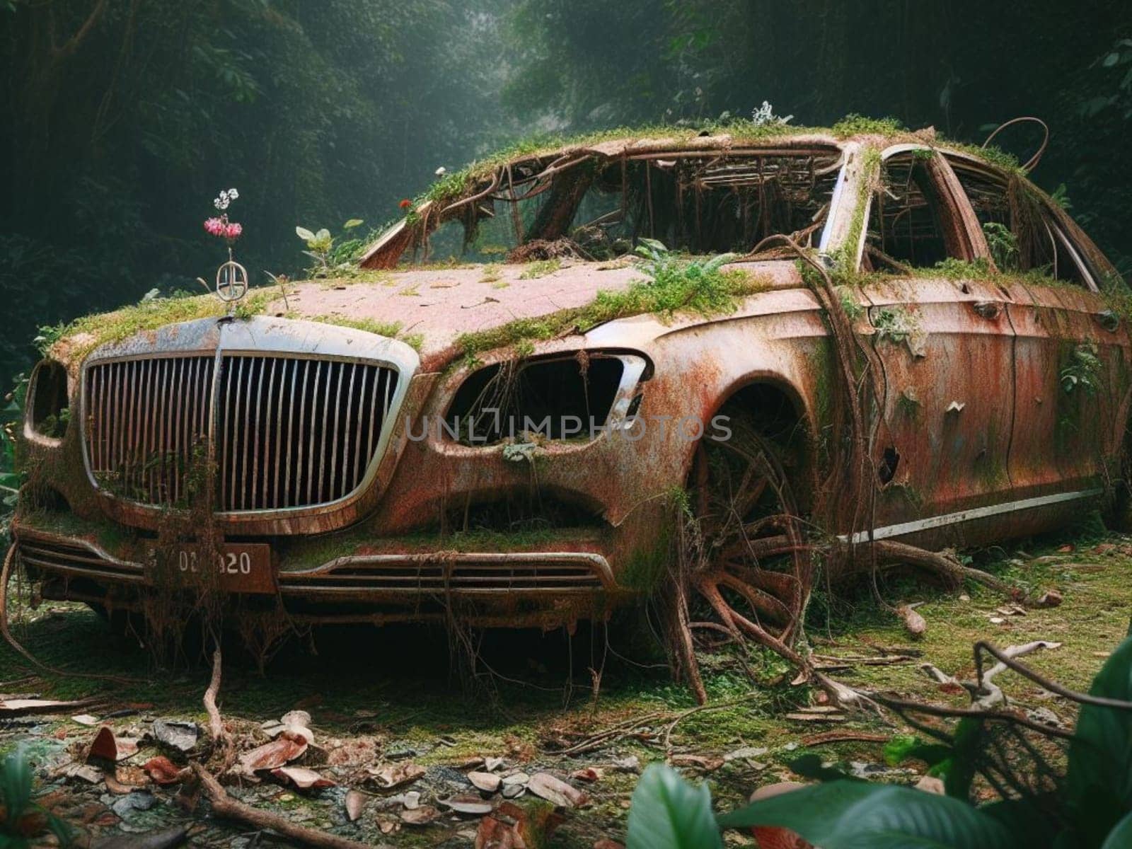 Abandoned rusty petrol luxury sedan car banned for co2 emission agenda, growth plants bloom flowers by verbano