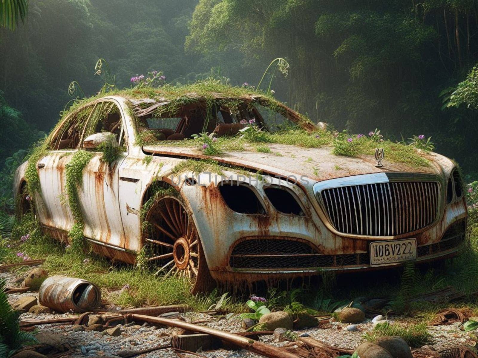 Abandoned rusty expensive atmospheric deluxe sedan car limo as circulation banned for co2 emission 2030 agenda , severe damage, broken parts, plants overgrowth bloom flowers. ai generated