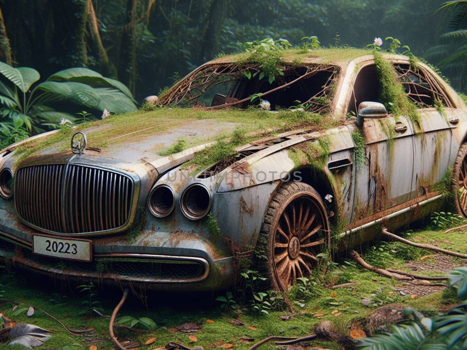 Abandoned rusty petrol luxury sedan car banned for co2 emission agenda, growth plants bloom flowers by verbano