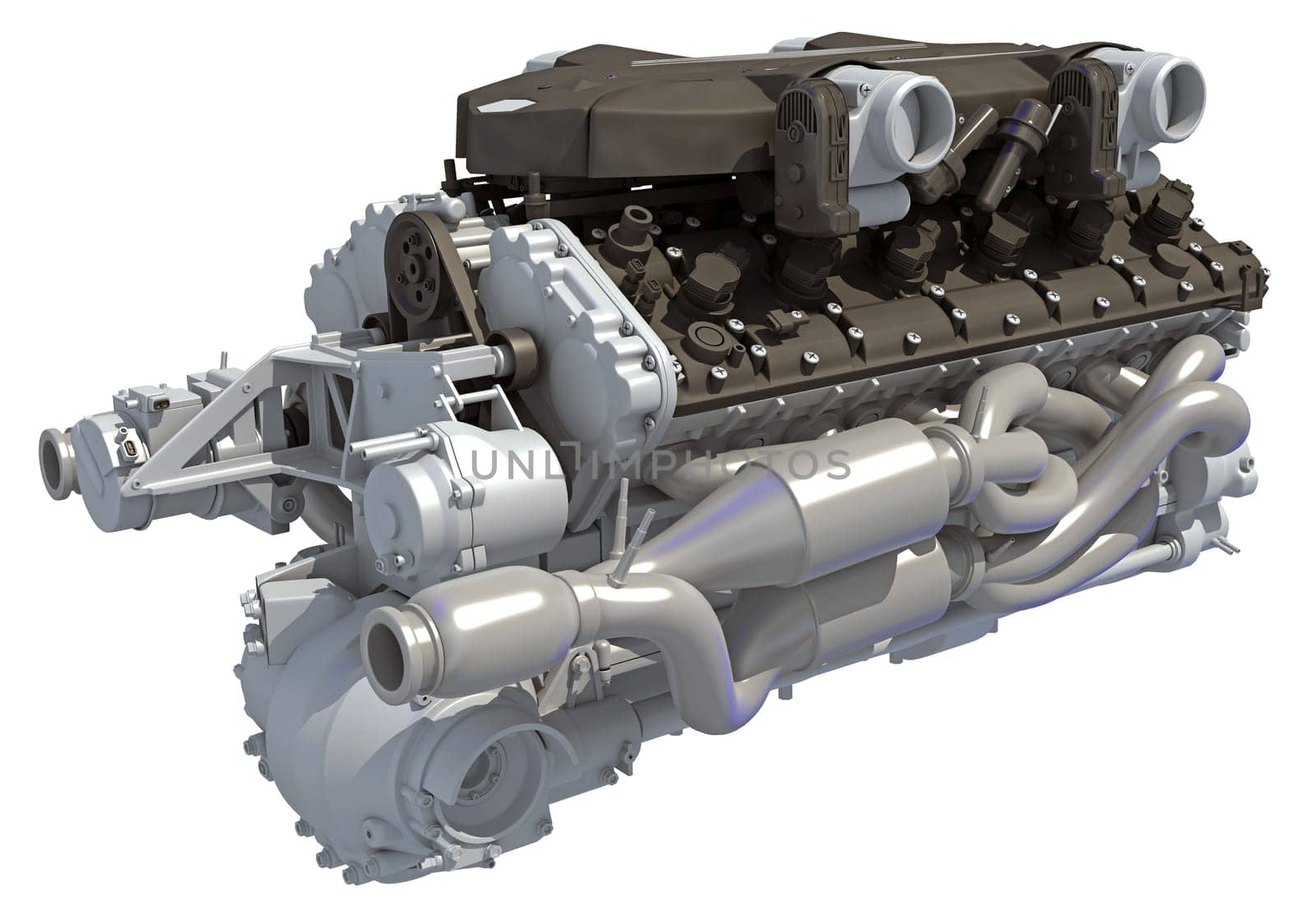 V12 Car Engine 3D rendering model on white background