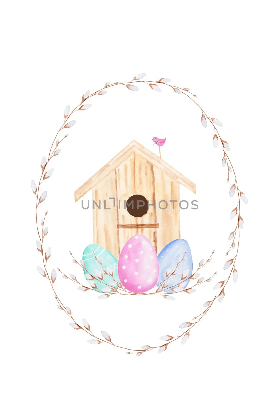 Watercolor drawing Easter card template with a cute house in a round frame of willow branches. Hand drawn cute drawing isolate on white background. For design of cards and tags. High quality illustration