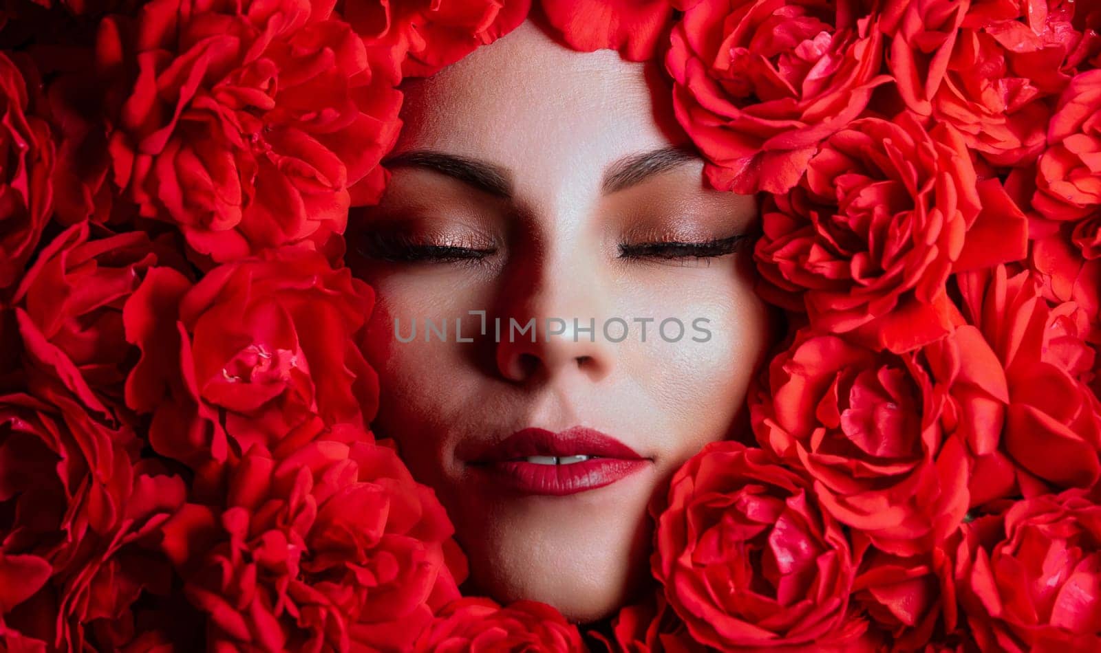 Portrait beautiful woman face with perfect make-up in roses flowers decoration by kristina_kokhanova