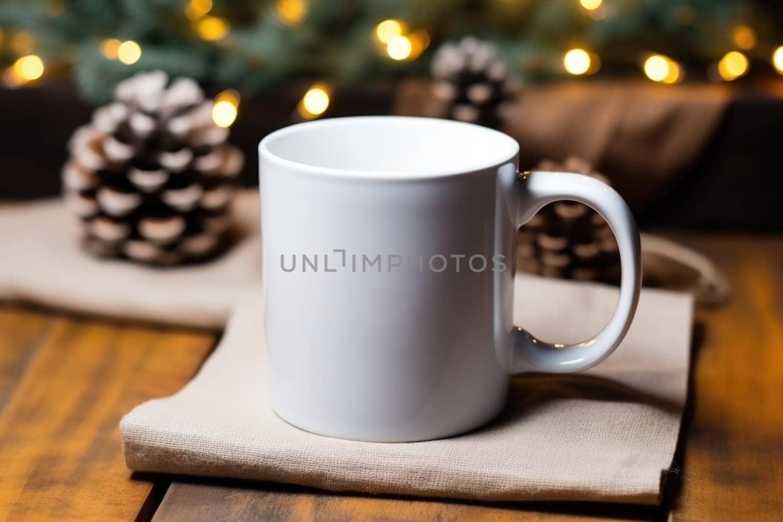 Blank white mug mockup photo on wooden table with decorations. AI Generated