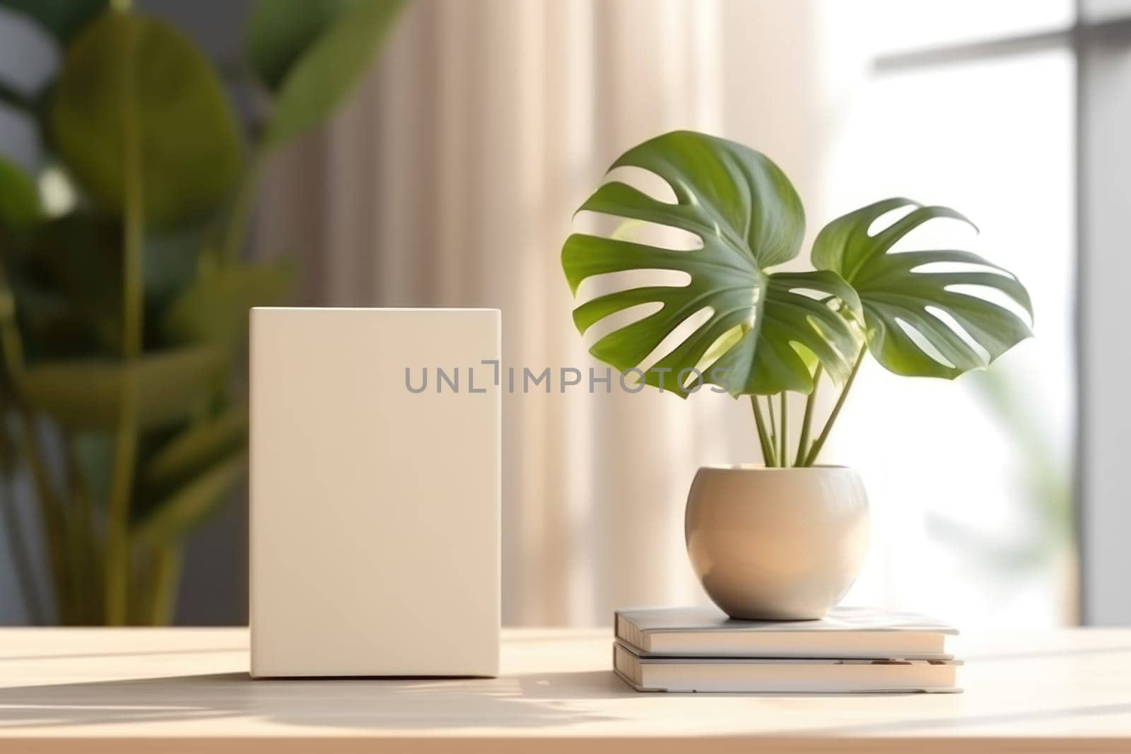 White Book Mockup. White book mockup with a monstera leaf in a vase on a beige table. AI Generated