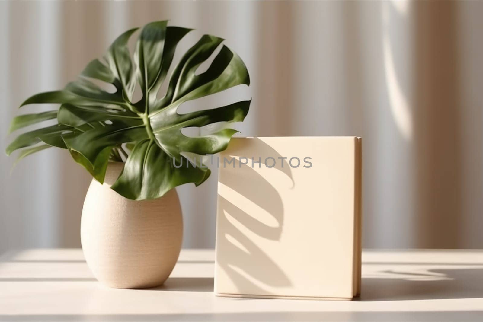 White Book Mockup. White book mockup with a monstera leaf in a vase on a beige table. AI Generated