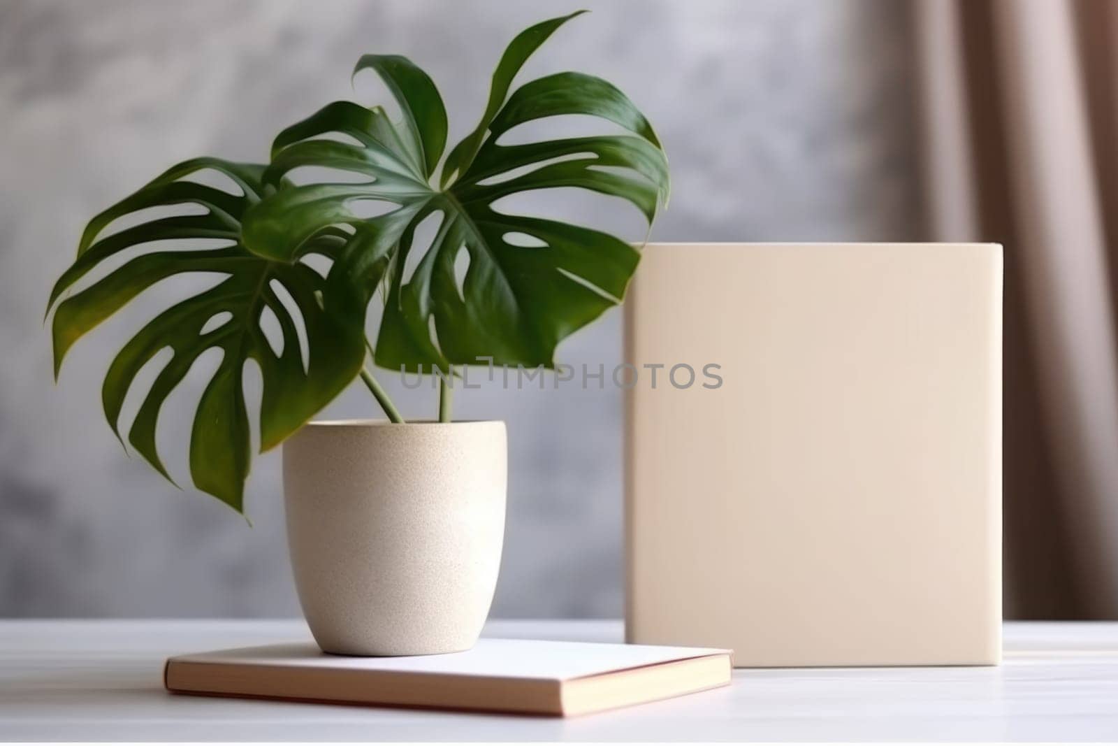 White Book Mockup. White book mockup with a monstera leaf in a vase on a beige table. AI Generated
