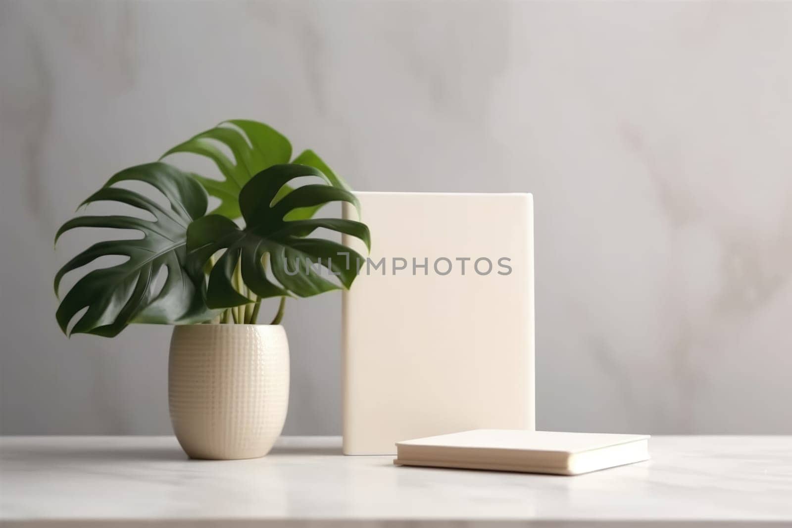 White Book Mockup. White book mockup with a monstera leaf in a vase on a beige table. AI Generated