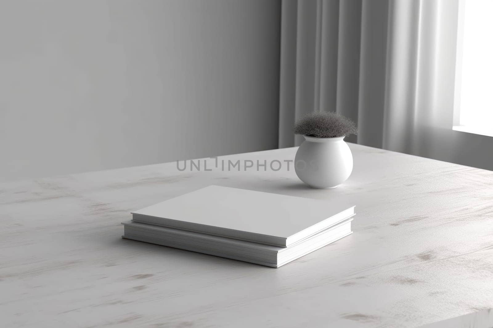 White book mockup with flowers in a vase on table. AI Generated
