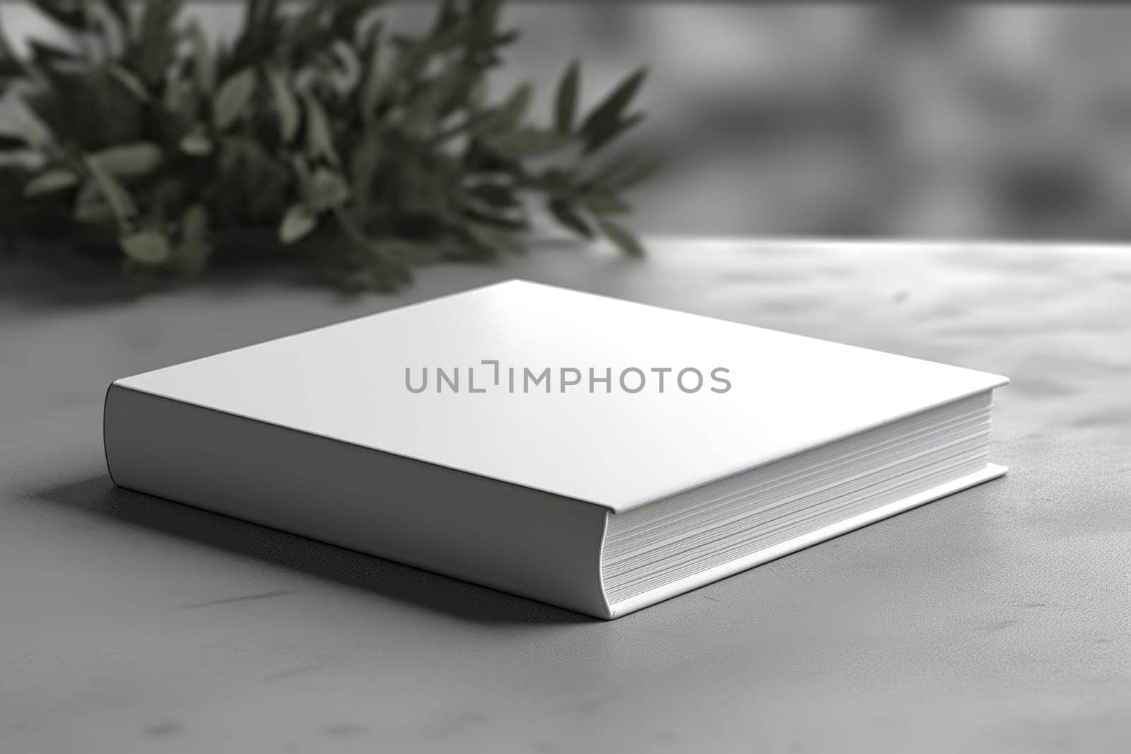 White book mockup with flowers in a vase on table. AI Generated