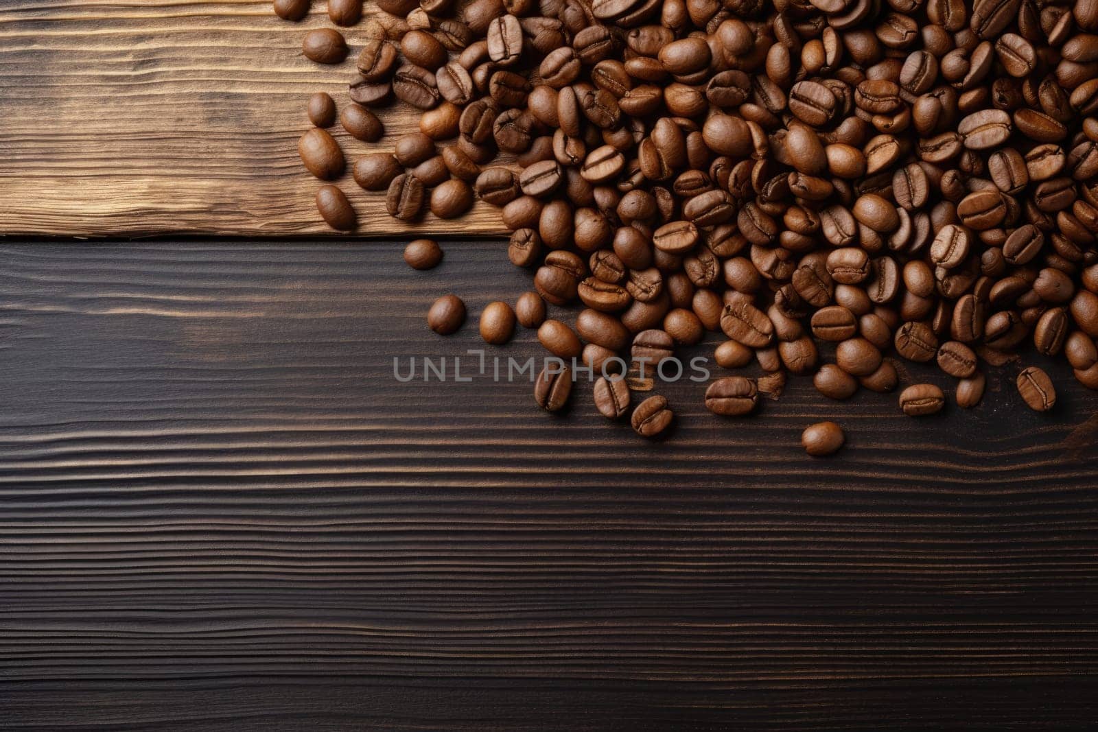 Fresh coffee beans on wood , ready to brew delicious coffee. AI Generated