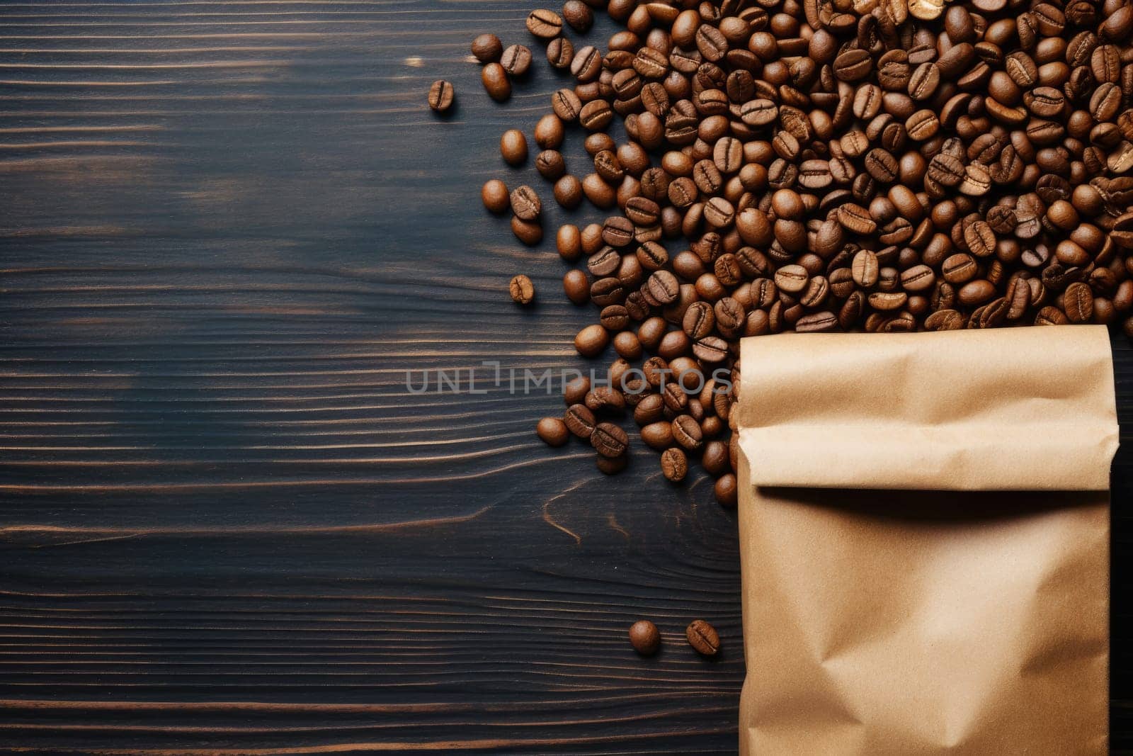 Blank brown Kraft paper bag with coffee beans on wooden background. AI Generated by Desperada