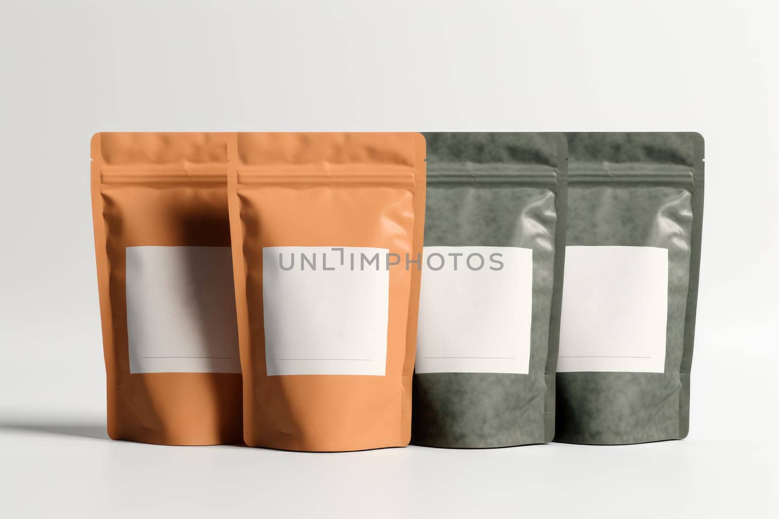 Coffee Bags Pouch mockup on white isolated. Empty foil for food. Packaging with valve and seal insulated on white. AI Generated