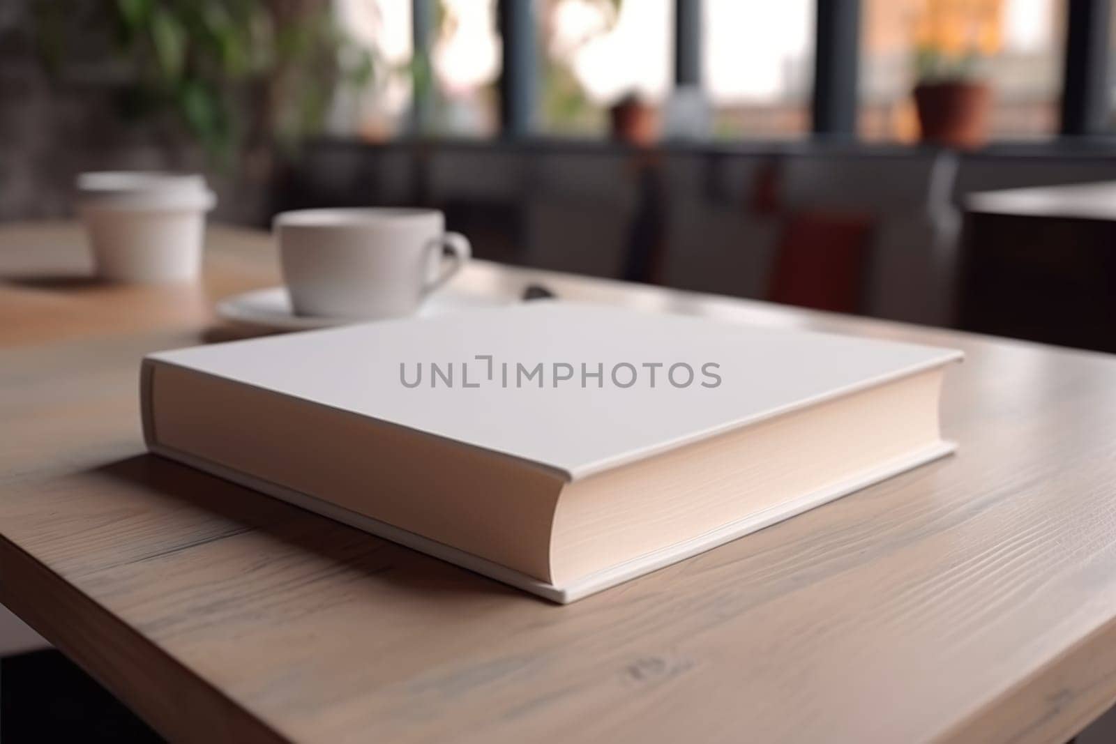 White book mockup with cup of coffee on table. AI Generated