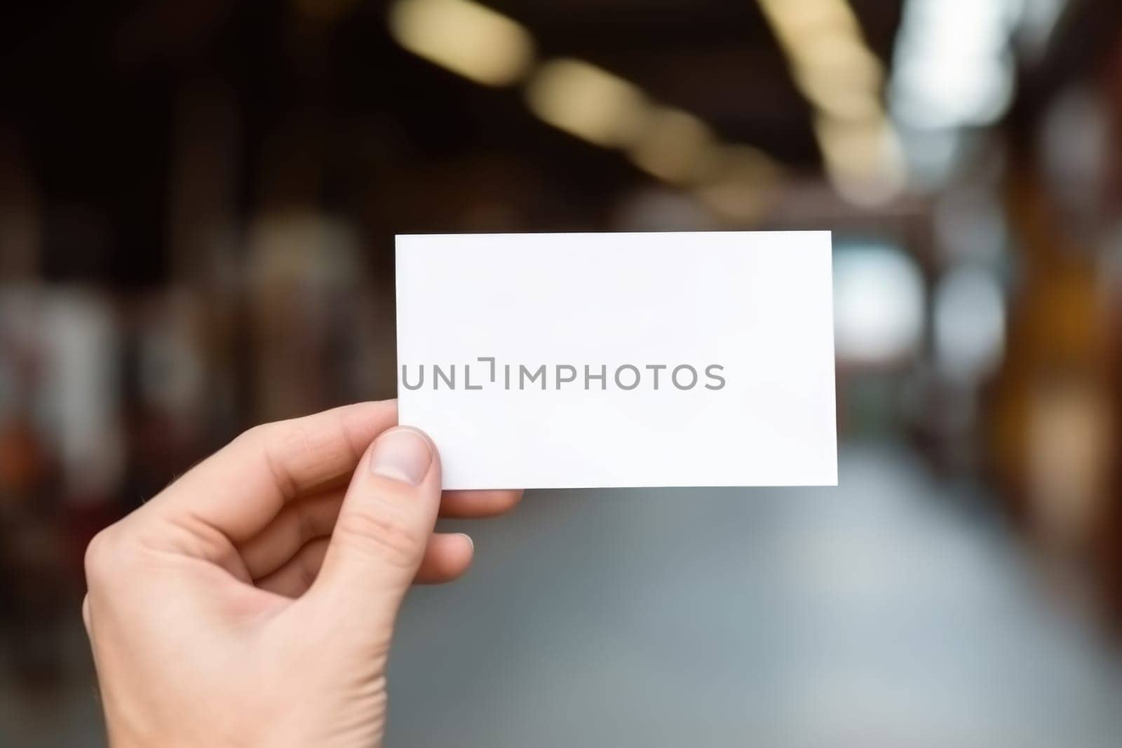 Hand of businessman showing white visit card . AI Generated