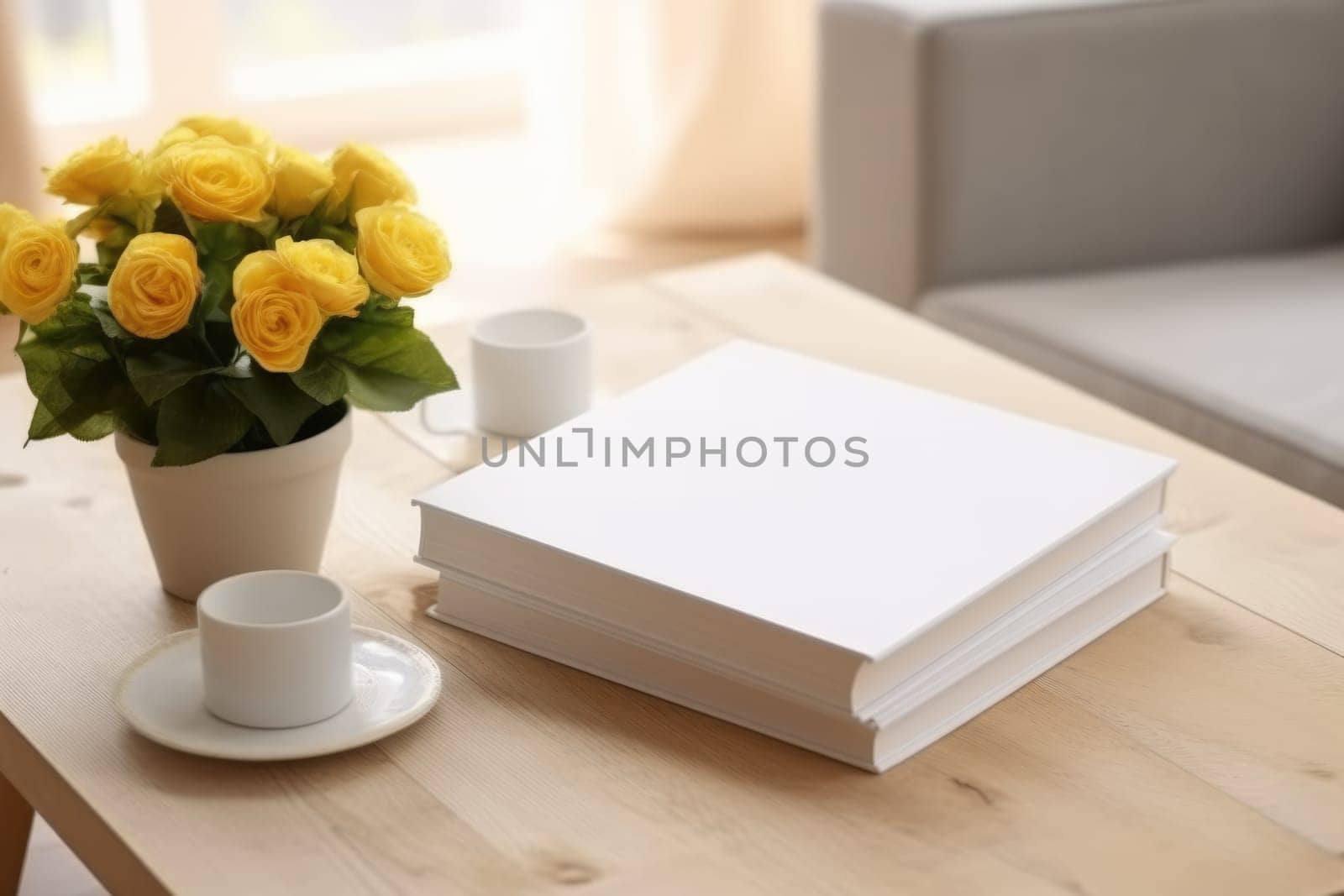 White book mockup with yellow flowers in a vase on table. AI Generated