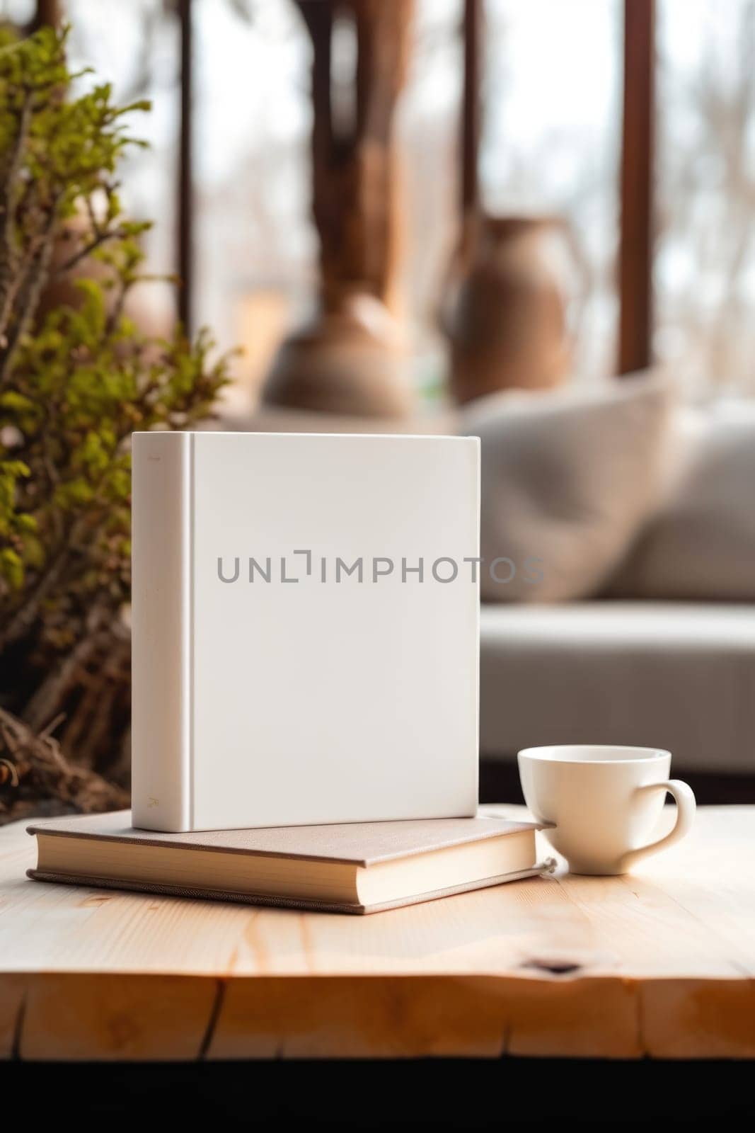 White book blank cover mockup on wooden coffee table. AI Generated