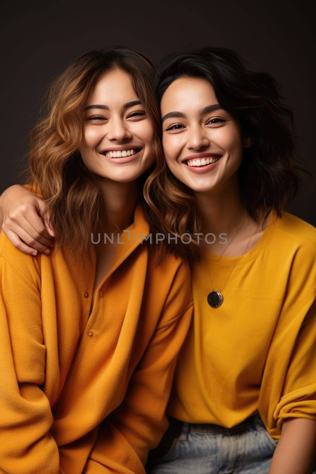 Group of multiracial females having fun. Models Of Different Ethnicity posing cheerful together on yellow background. AI Generated