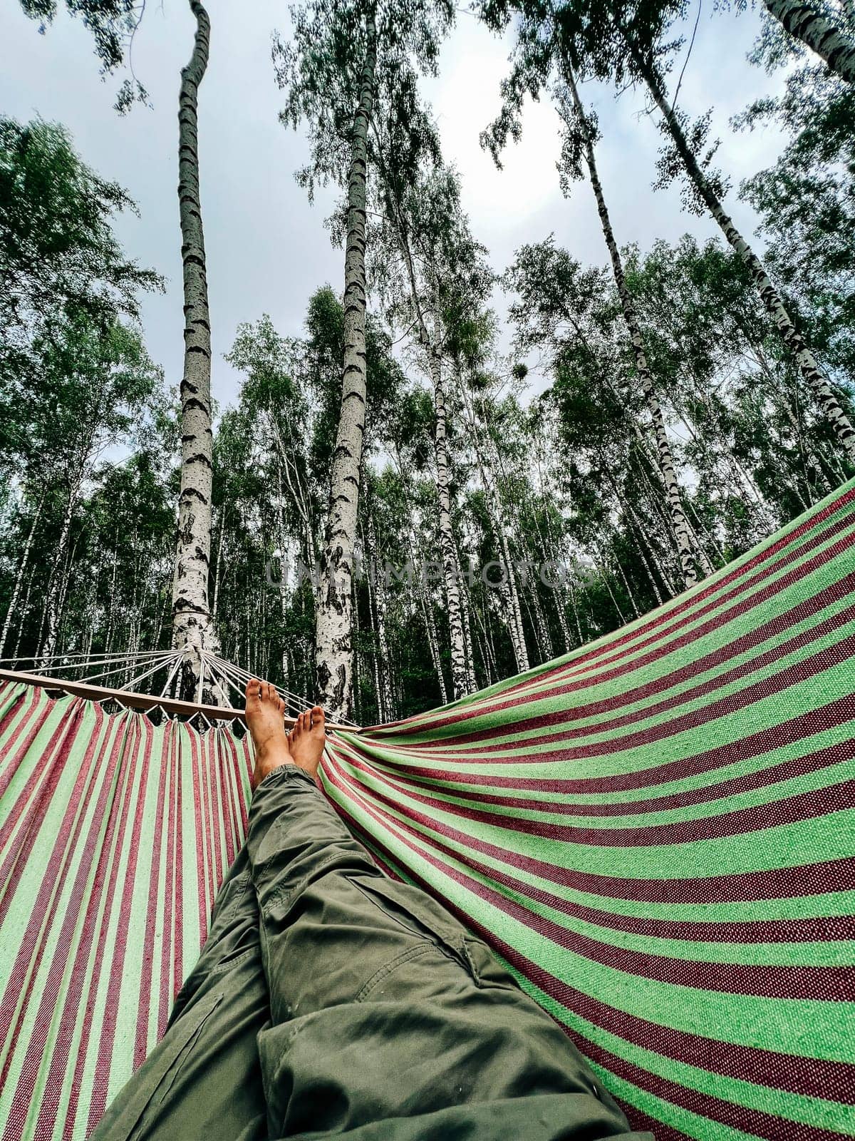 Legs of man, swinging on hammock at summer in birch forest. Enjoying, guy dreaming, resting under tree. Happy lifestyle. High quality