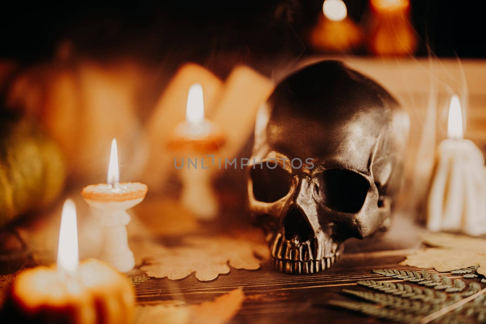 Mystique background - bronze human skull with candles. Visual gothic aesthetic. by kristina_kokhanova