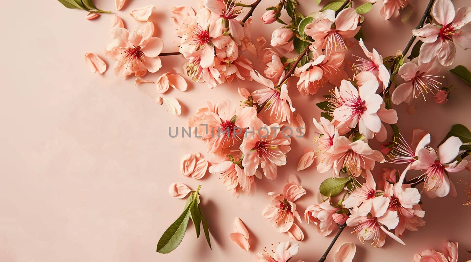 Flowers on a peach background. Spring floral flat lay background by kizuneko