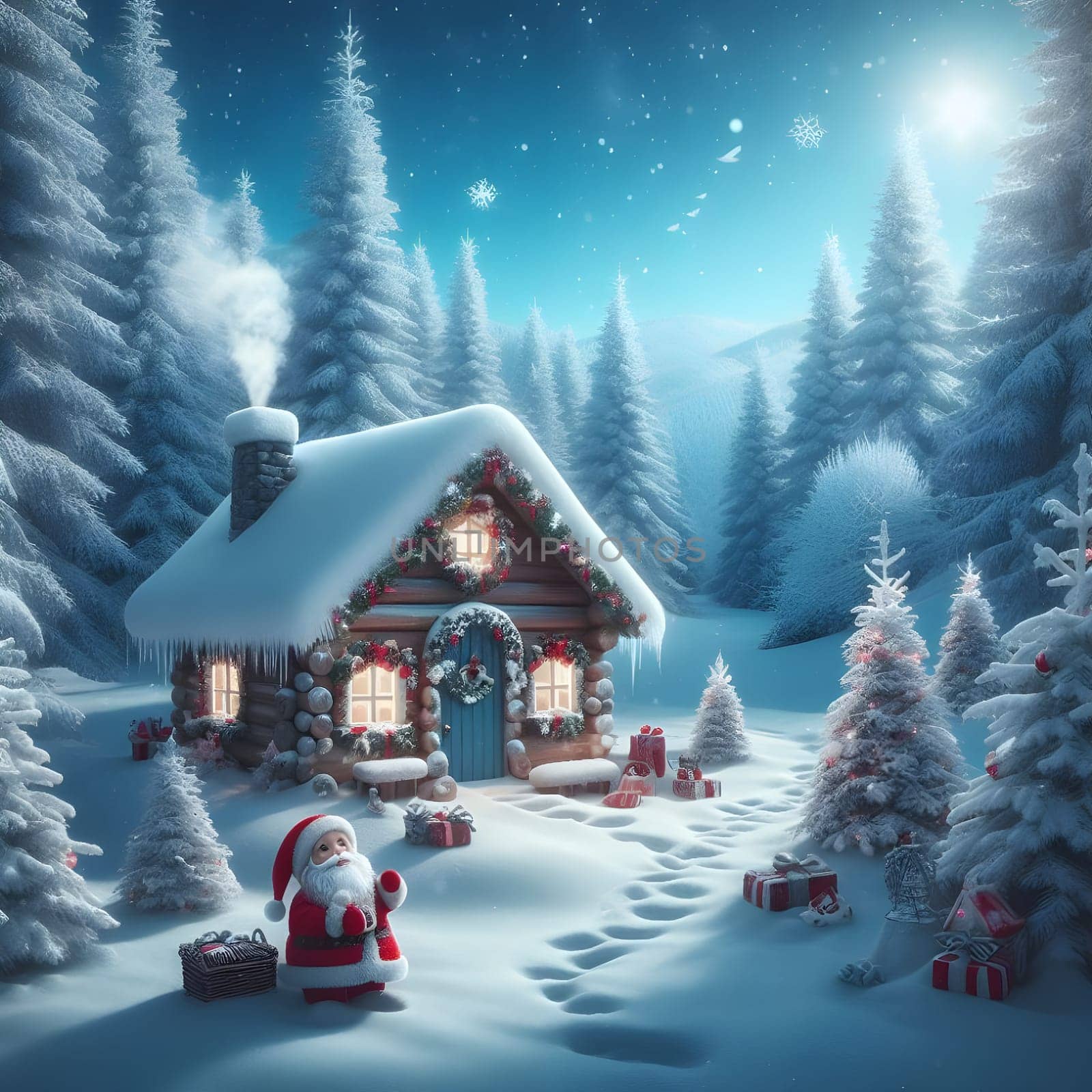 Wooden rural house in the winter forest for christmas.