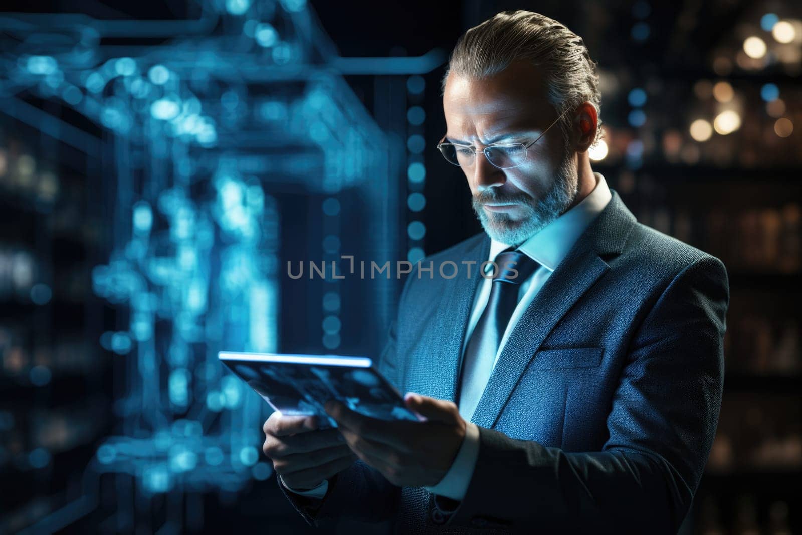 Smiling mature businessman professional executive manager looking away thinking working on tech device. Businessman working on tablet using AI. AI Generated