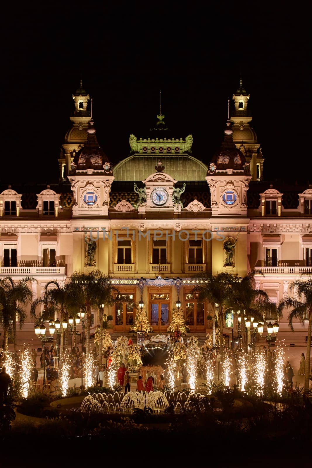 Monaco, Monte-Carlo, 12 November 2022: Festive fireworks at a wedding celebration on the square of the famous Casino Monte-Carlo is at night, attraction night illumination by vladimirdrozdin