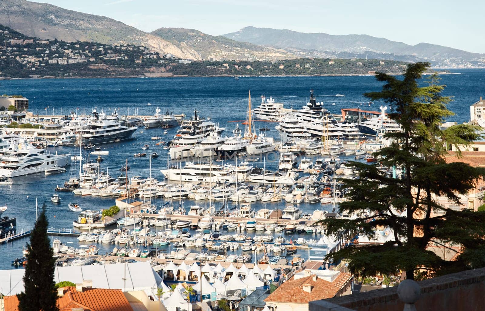 Monaco, Monte Carlo, 28 September 2022 - Top view of the famous yacht show, exhibition of luxury mega yachts, the most expensive boats for the richest people around the world, yacht brokers. High quality photo