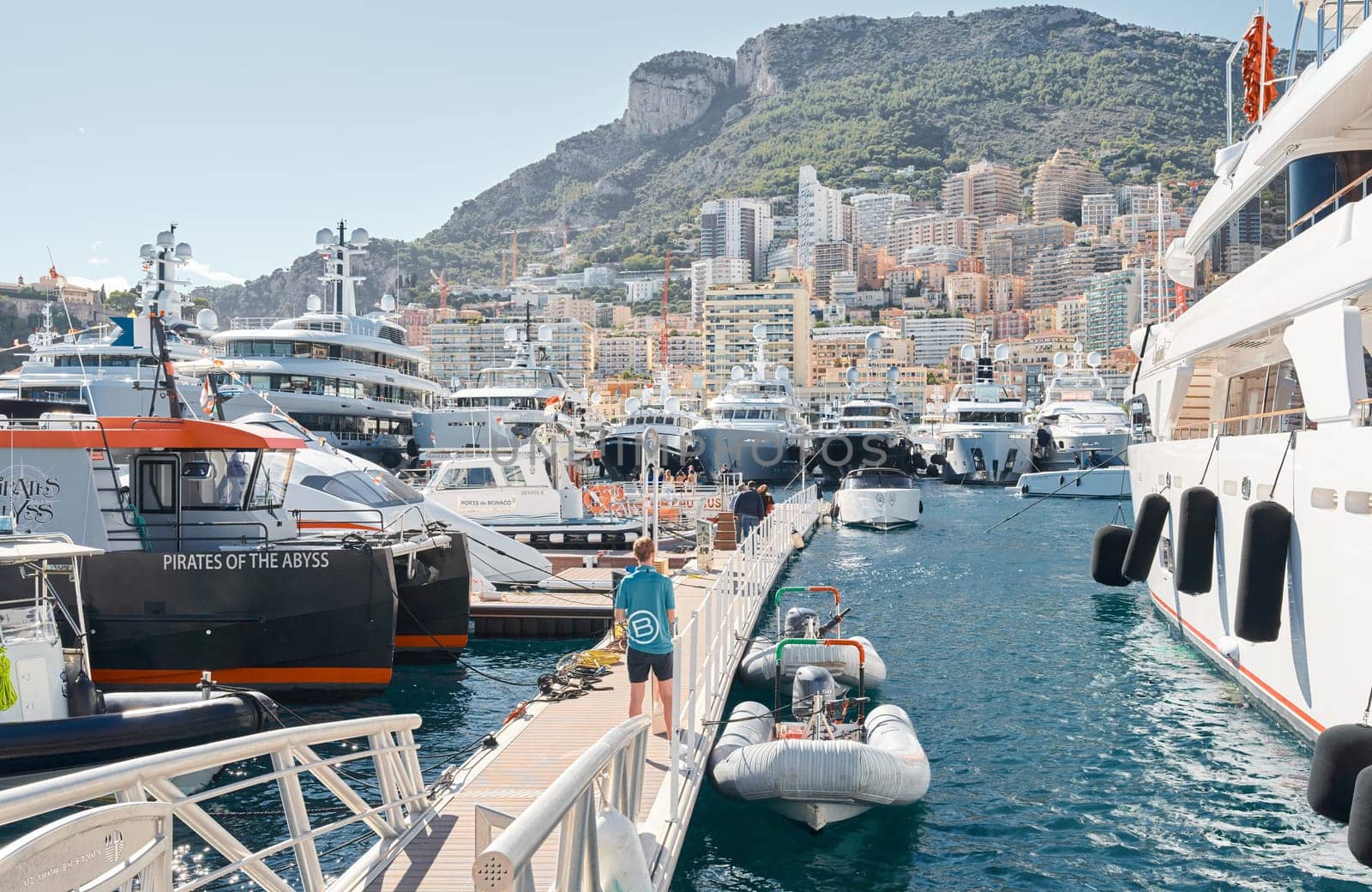 Monaco, Monte Carlo, 28 September 2022 - Top view of the famous yacht show, exhibition of luxury mega yachts, the most expensive boats for the richest people around the world, yacht brokers by vladimirdrozdin