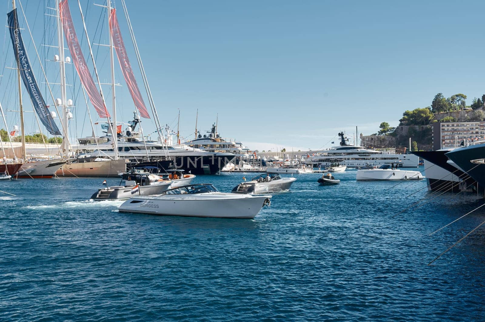 Monaco, Monte Carlo, 28 September 2022 - Top view of the famous yacht show, exhibition of luxury mega yachts, the most expensive boats for the richest people around the world, yacht brokers. High quality photo