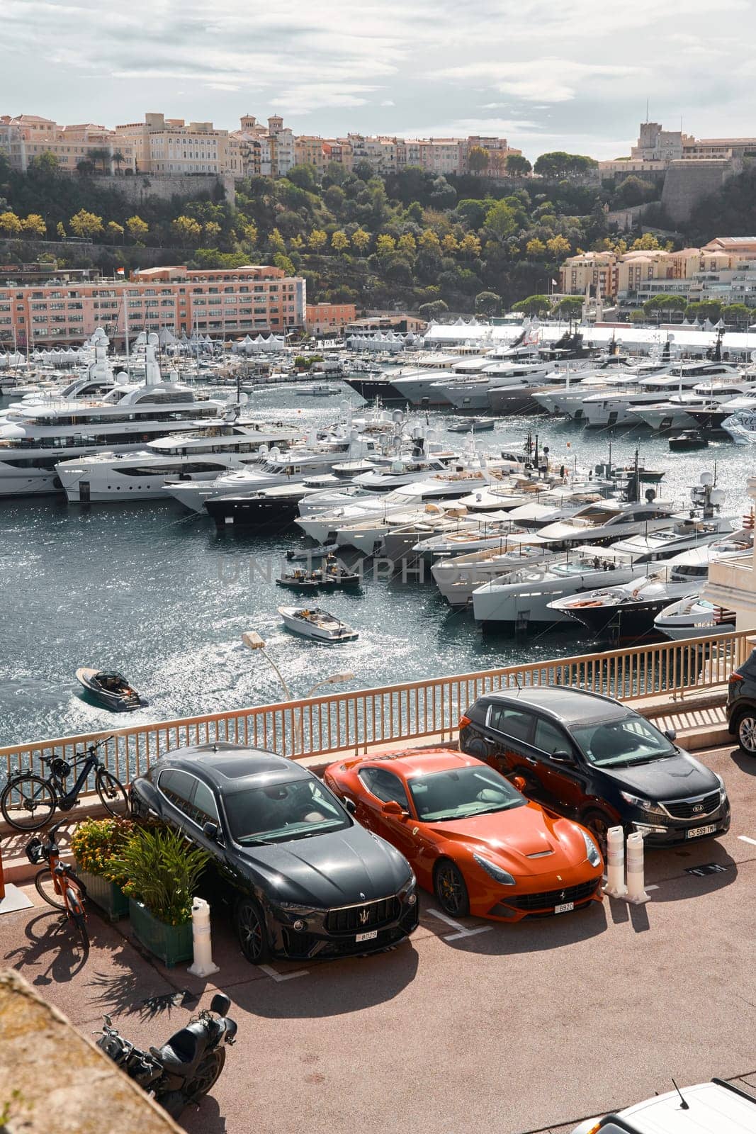 Monaco, Monte Carlo, 29 September 2022 - a lot of luxury yachts at the famous motorboat exhibition, the most expensive boats for the richest people, yacht brokers, boat traffic. High quality photo